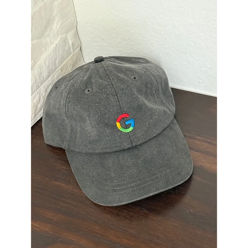 Google Logo Hat Adams Headwear Charcoal Gray Washed Cotton Leather Strapback Cap